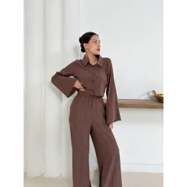 Gömlek Yaka Kaplama Düğmeli Takım Kahve St265866 (Beden: L)