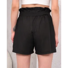 Kuşaklı Keten Şort Siyah S255265 (Beden: M)