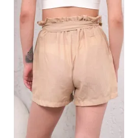 Kuşaklı Keten Şort Bej S255265 (Beden: S)