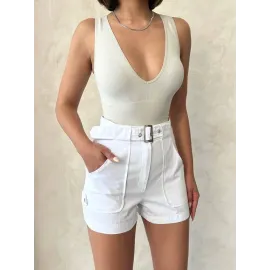 Kemer Detaylı Gabardin Şort Beyaz S25289 (Beden: Xl)