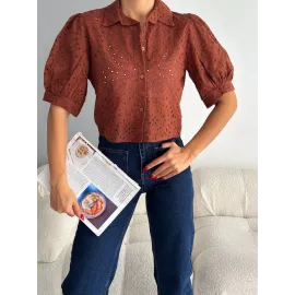 Brodeli Crop Gömlek S1023 Kahve (Beden: S)
