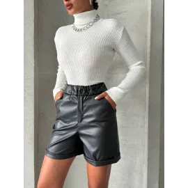Beli Lastikli Duble Paça Deri Şort Siyah W24755 (Beden: M)