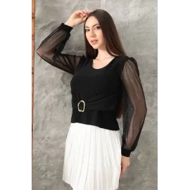 Tokalı Tül Kollu Bluz Siyah T4071 (Beden: L)