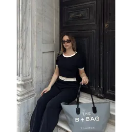 Crop Pantolon Biyeli Takım Siyah (Beden: L)