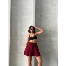 Volanlı Keten Şort Bordo S255058 (Beden: L)