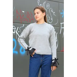 Boncuklu Bile Detaylı Kazak Gri (Beden: Standart)