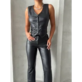 Kaplama Düğmeli Deri Yelek Siyah S24398 (Beden: M)