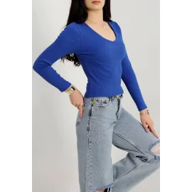 V Yaka Kaşkorse Bluz Saks Mavisi A3699 (Beden: L)