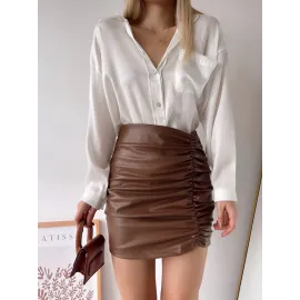 Önden Büzgülü Etek Taba H24210 (Beden: L)