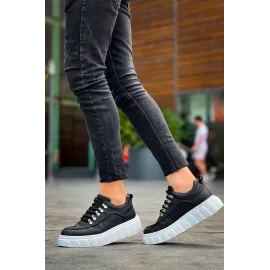 Kb-X10 Kuback Siyah Cilt  Beyaz Yüksek Taban Günlük Spor Ayakkabı (Numara: 42)