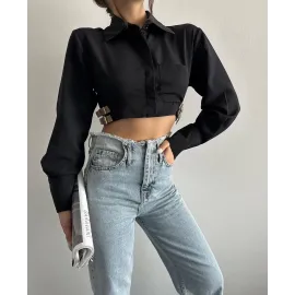Yanı Kemer Detaylı Crop Gömlek Siyah S4009 (Beden: 38)