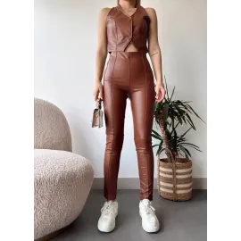 İki Düğmeli Deri Yelek Kahve S243001 (Beden: M)