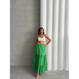 Fırfırlı Brodeli Astarlı Uzun Etek Yeşil S255047 (Beden: Xl)