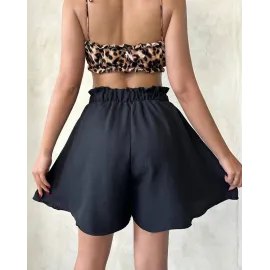 Volanlı Keten Şort Siyah S255058 (Beden: M)