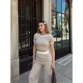 Crop Pantolon Biyeli Takım Bej (Beden: M)