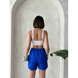 Fiyonklu Şort Etek Saks S255021 (Beden: M)