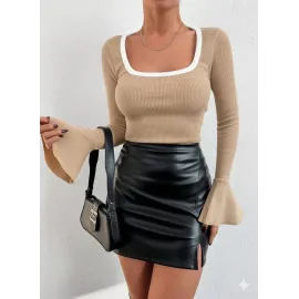 Kare Yaka Garni Detay İspanyol Kol Bluz Bej A3105 (Beden: L)