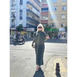 Siyah Çizgi Desenli Elbiseli Hırka Triko Takım Haki (Beden: Standart)