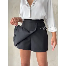 Kadın Tokalı Şort Etek Siyah S25449 (Beden: L)
