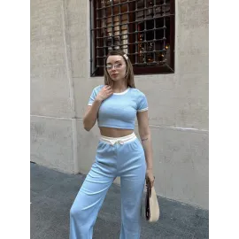 Crop Pantolon Biyeli Takım Mavi (Beden: L)