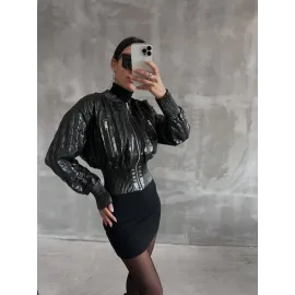 Beli Büzgülü Crop Deri Ceket Siyah (Beden: Xs)