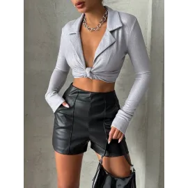 Parçalı Cepli Deri Şort Siyah W26312 (Beden: Xl)