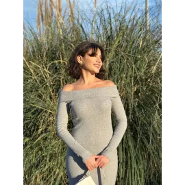 Madonna Yaka Uzun Elbise Şardonlu Kumaş Gri W3753 (Beden: S)