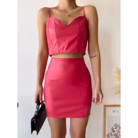 Tek Yırtmaçlı Arkadan Fermuarlı Deri Etek Fuşya S24475 (Beden: S)