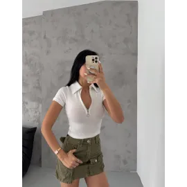 Kaşkorse Yaka Fermuarlı Bluz Beyaz (Beden: S)