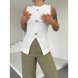 Kadın Beyaz Bisiklet Yaka Gold Düğmeli Ottoman Bluz S2310 (Beden: M)