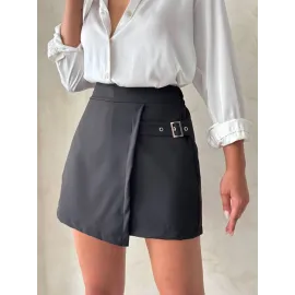 Kadın Tokalı Şort Etek Siyah S25449 (Beden: L)