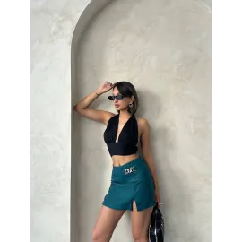 Zincirli Şort Etek Petrol Yeşili S24676 (Beden: L)