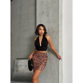 Tek Yırtmaçlı Zebra Desenli Deri Etek Kahvesiyah W24475-S (Beden: Xl)