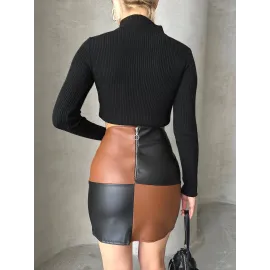 Damalı Deri Etek Siyah Kahve W24648 (Beden: S)