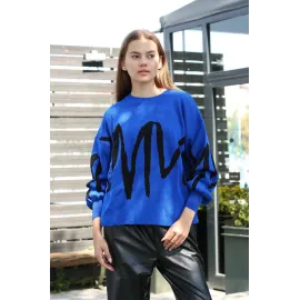 Siyah Çizgili Bisiklet Yaka Kazak Saks (Beden: Standart)