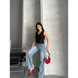 Palazzo Straight Kar Yıkama Jeans Pantolon Mavi D2008 (Beden: 38)