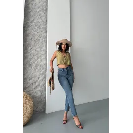 Mom Fit Bıyık Kar Yıkama Jeans Pantolon Koyu Mavi D2006 (Beden: 36)