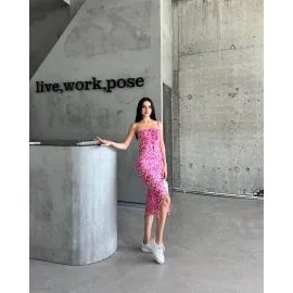 Kaşkorse Desenli Askılı Elbise Pembe (Beden: S)