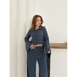 Gömlek Yaka Kaplama Düğmeli Takım Lacivert St265866 (Beden: L)