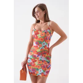 Kadın İnce Askılı Desenli Elbise S8105 Turuncu (Beden: S)