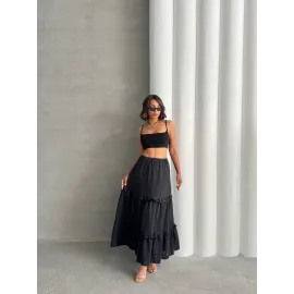 Fırfırlı Brodeli Astarlı Uzun Etek Siyah S255047 (Beden: S)