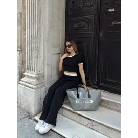 Crop Pantolon Biyeli Takım Siyah (Beden: M)