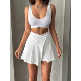 Piliseli Düğmeli Şort Etek Beyaz S25813 (Beden: M)