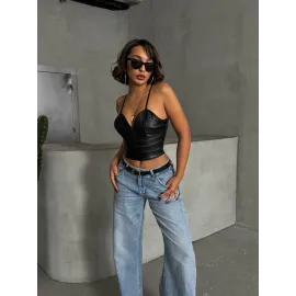 İp Askılı Yandan Fermuarlı Rastale Deri Crop Siyah S24113 (Beden: L)