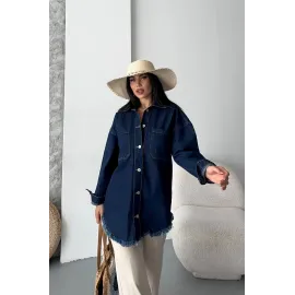 Cepli Püsküllü Kar Yıkama Kot Ceket Koyu Mavi D2515 (Beden: L)