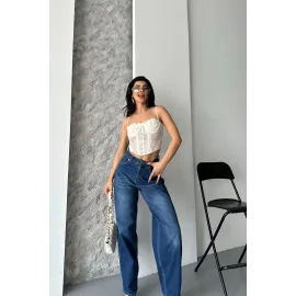 Baggy Süper Taş Bıyık Yıkama Koyu Mavi Jeans Pantolon D2007 (Beden: 34)