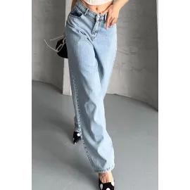 Baggy Kar Yıkama Buz Mavi Jeans Pantolon D2007 (Beden: 40)