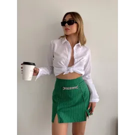 Zincir Detaylı Çizgili Şort Etek Yeşil (Beden: M)