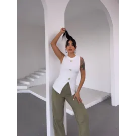 Kadın Beyaz Bisiklet Yaka Gold Düğmeli Ottoman Bluz S2310 (Beden: M)