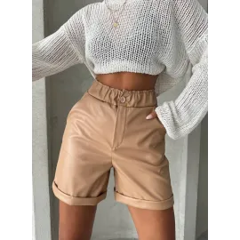 Beli Lastikli Duble Paça Deri Şort Bej W24755 (Beden: L)